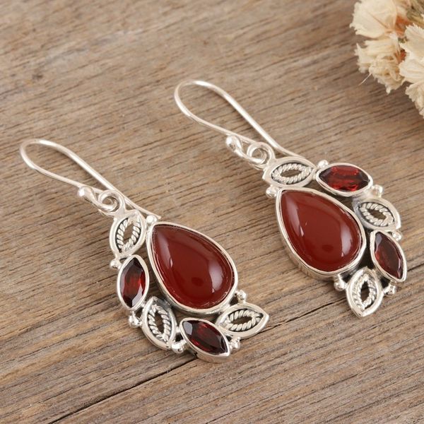 Alternate image for Sterling Silver Dangle Earrings with Carnelian and Garnet Passion Sighs