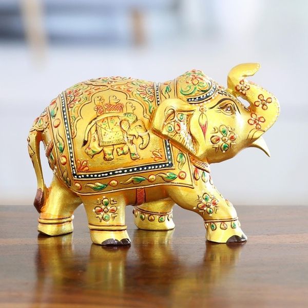 Alternate image for Wood Figurine of Golden Elephant Hand-Painted in India Golden Pachyderm
