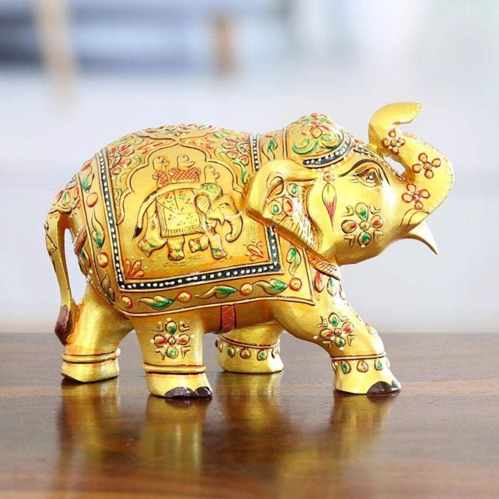 Wood Figurine of Golden Elephant Hand-Painted in India 'Golden Pachyderm'