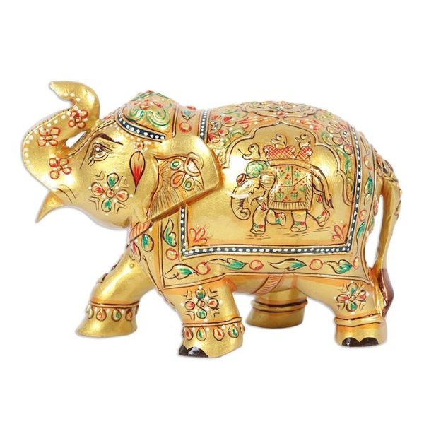 Alternate image for Wood Figurine of Golden Elephant Hand-Painted in India Golden Pachyderm