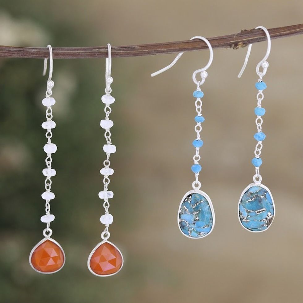 Sterling Silver Multi-Gemstone Dangle Earrings Set of 2 'Paradise of Luxury'