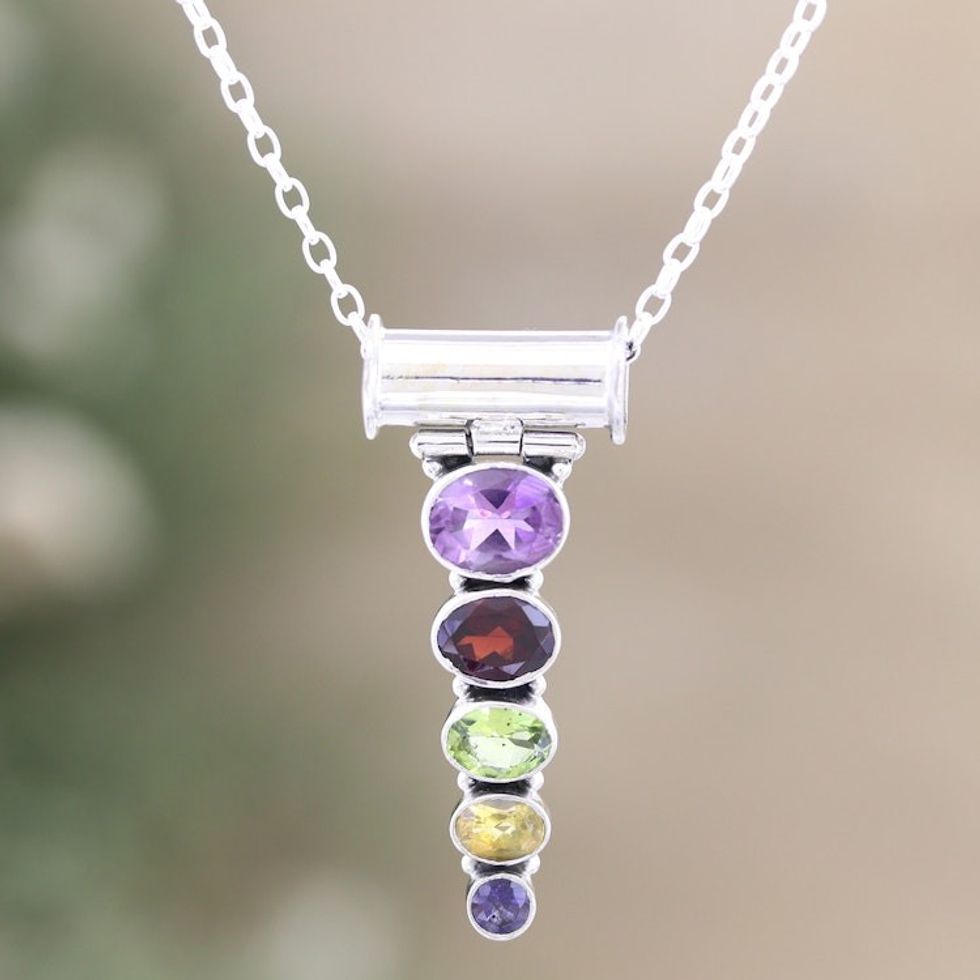 Sterling Silver Pendant Necklace with 5-Carat Gemstones 'Rainbow Stairway'