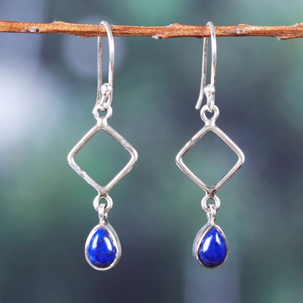 Geometric Diamond-Shaped Lapis Lazuli Dangle Earrings 'Modern Blue'