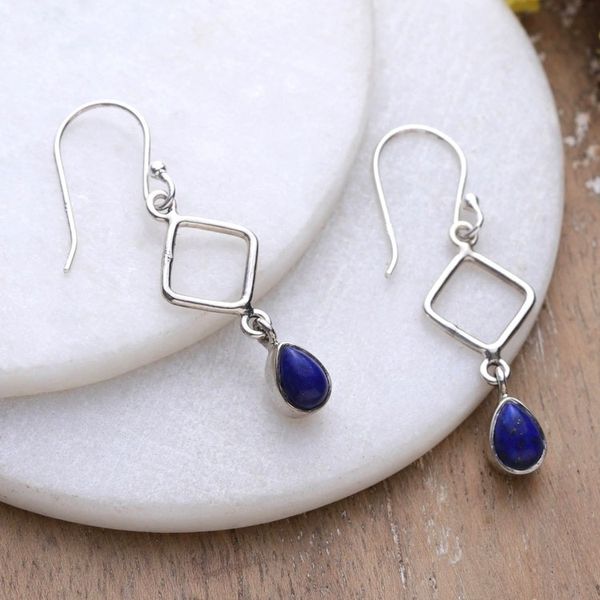 Alternate image for Geometric Diamond-Shaped Lapis Lazuli Dangle Earrings Modern Blue