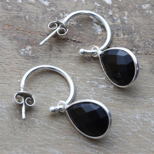 Alternate image for Sterling Silver Half-Hoop Earrings with Onyx Gemstone Fabulous Black