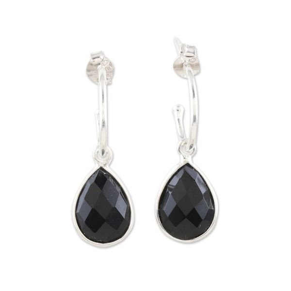 Alternate image for Sterling Silver Half-Hoop Earrings with Onyx Gemstone Fabulous Black