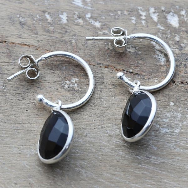 Alternate image for Sterling Silver Half-Hoop Earrings with Onyx Gemstone Fabulous Black