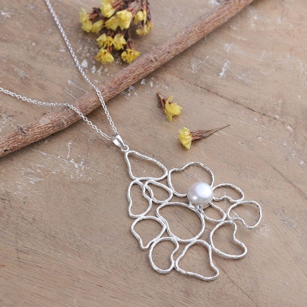 Abstract Floral Sterling Silver Pendant Necklace with Pearl 'Oneiric Petals'