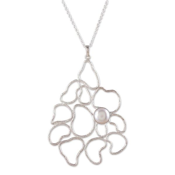 Alternate image for Abstract Floral Sterling Silver Pendant Necklace with Pearl Oneiric Petals