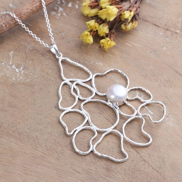 Alternate image for Abstract Floral Sterling Silver Pendant Necklace with Pearl Oneiric Petals