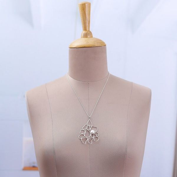 Alternate image for Abstract Floral Sterling Silver Pendant Necklace with Pearl Oneiric Petals