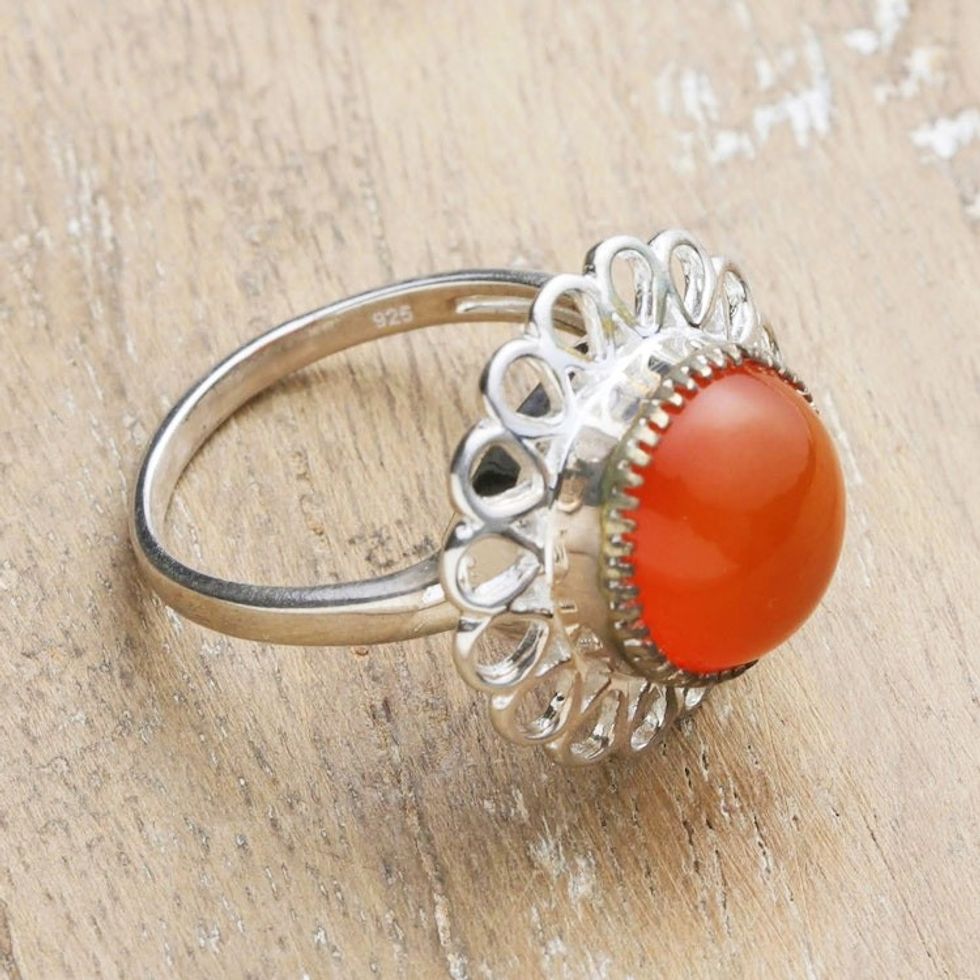 Natural Carnelian and Sterling Silver Floral Cocktail Ring 'Fiery Floret'