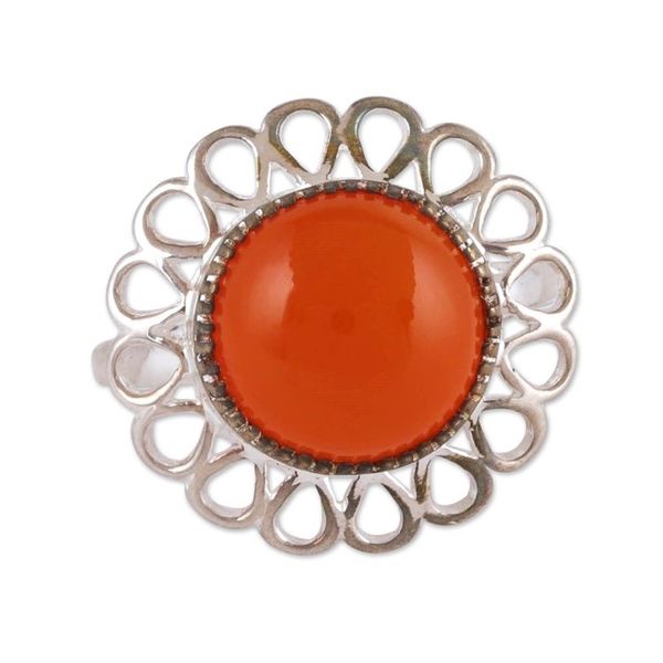 Alternate image for Natural Carnelian and Sterling Silver Floral Cocktail Ring Fiery Floret