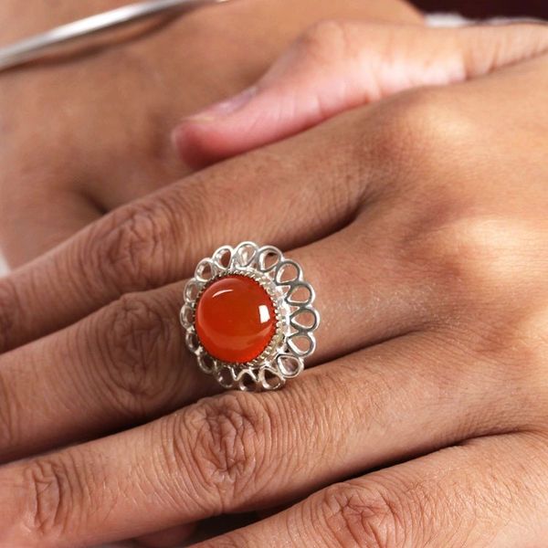 Alternate image for Natural Carnelian and Sterling Silver Floral Cocktail Ring Fiery Floret