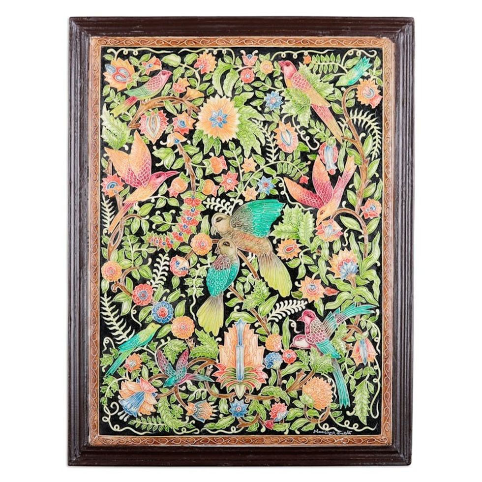 Handcrafted Spring-Themed Framed Marble Wall Art from India 'Spring Birds'