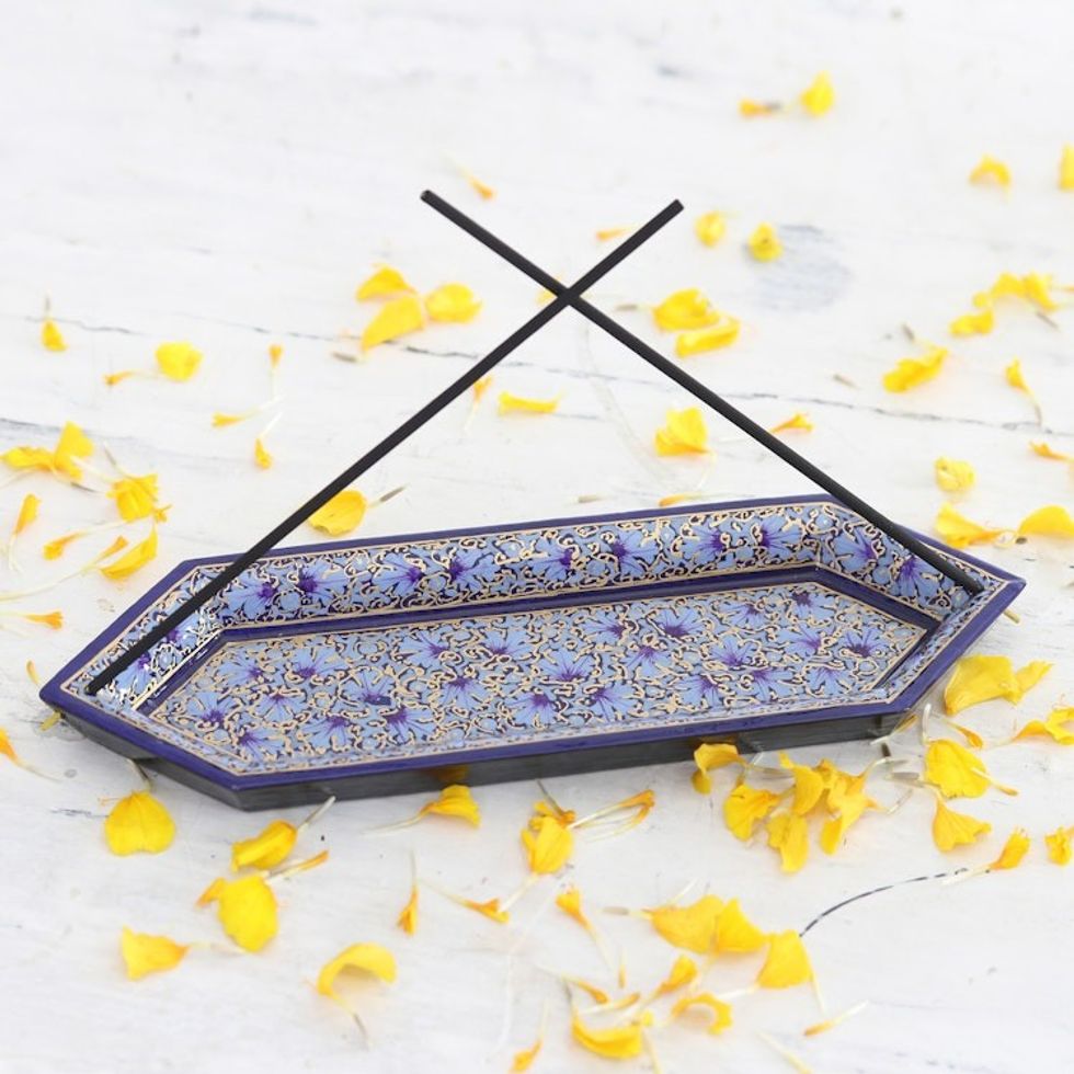 Handcrafted Geometric Wood Incense Holder in Cool Hues 'Palace Scents'