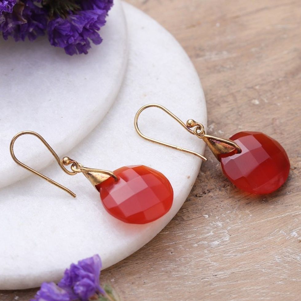 High-Polished 22k Gold-Plated Carnelian Dangle Earrings 'Courageous Victory'