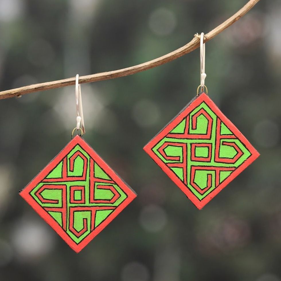 Hand-Painted Geometric Green and Red Ceramic Dangle Earrings 'Green Knot'