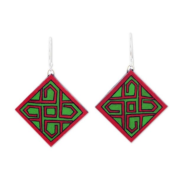 Alternate image for Hand-Painted Geometric Green and Red Ceramic Dangle Earrings Green Knot
