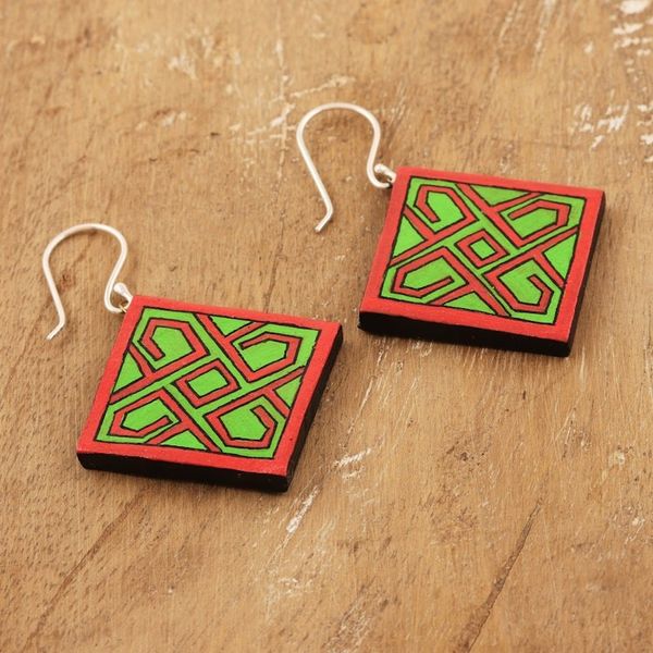 Alternate image for Hand-Painted Geometric Green and Red Ceramic Dangle Earrings Green Knot