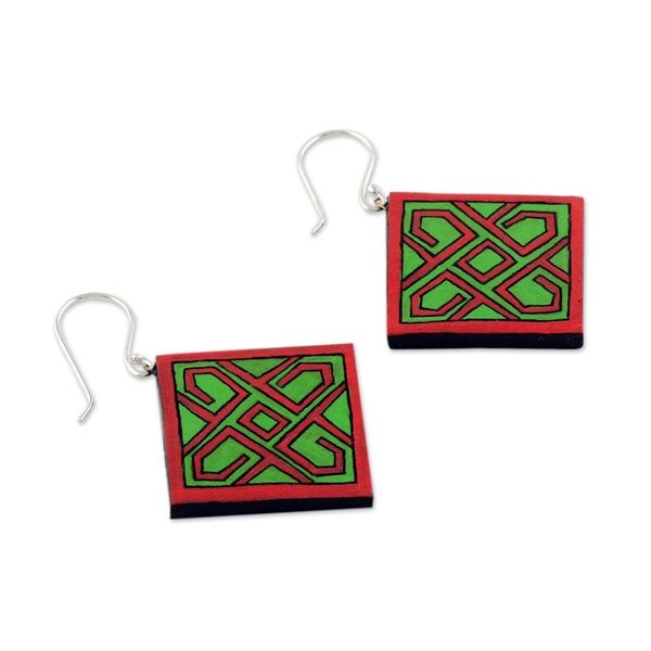 Alternate image for Hand-Painted Geometric Green and Red Ceramic Dangle Earrings Green Knot