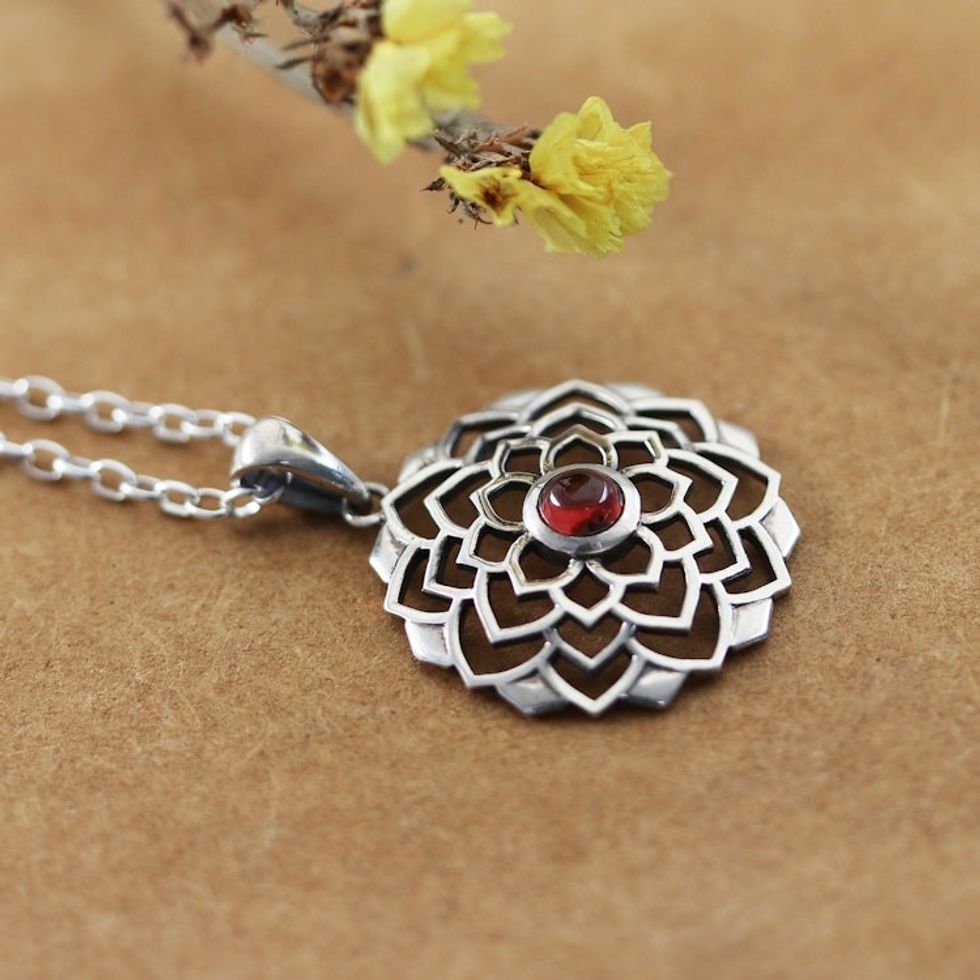 Lotus-Themed Sterling Silver Pendant Necklace with Garnet 'Perseverance Lotus'