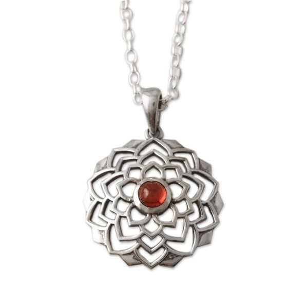 Alternate image for Lotus-Themed Sterling Silver Pendant Necklace with Garnet Perseverance Lotus