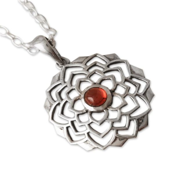 Alternate image for Lotus-Themed Sterling Silver Pendant Necklace with Garnet Perseverance Lotus