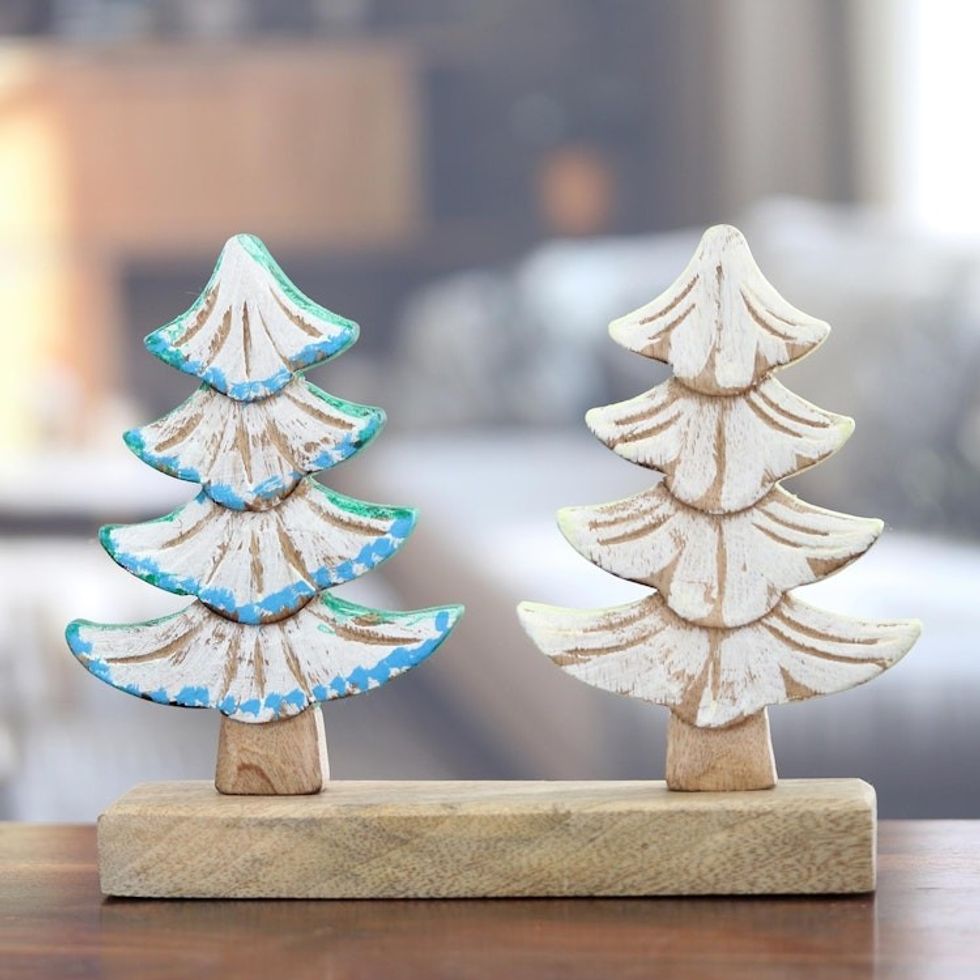 Mango Wood Snowy Tree Sculpture Hand-Carved in India 'Snowy Forest'