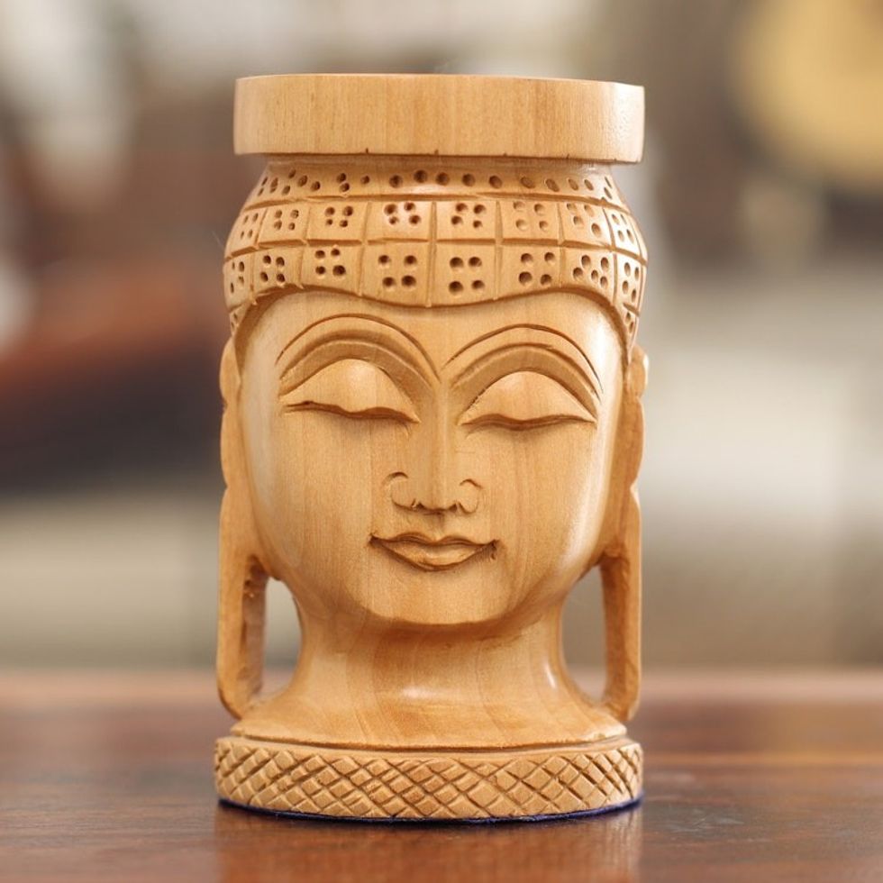 Hand-Carved Buddha-Themed Kadam Wood Pen Holder 'Buddha's Patience'