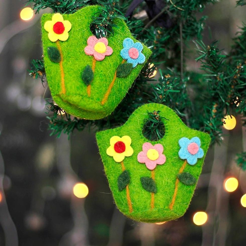 Handcrafted Floral Green Wool Felt Baskets from India Pair 'Blooming Treasures'