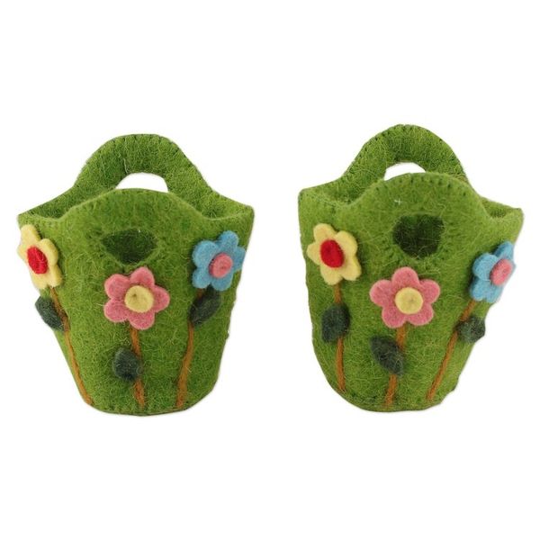 Alternate image for Handcrafted Floral Green Wool Felt Baskets from India Pair Blooming Treasures