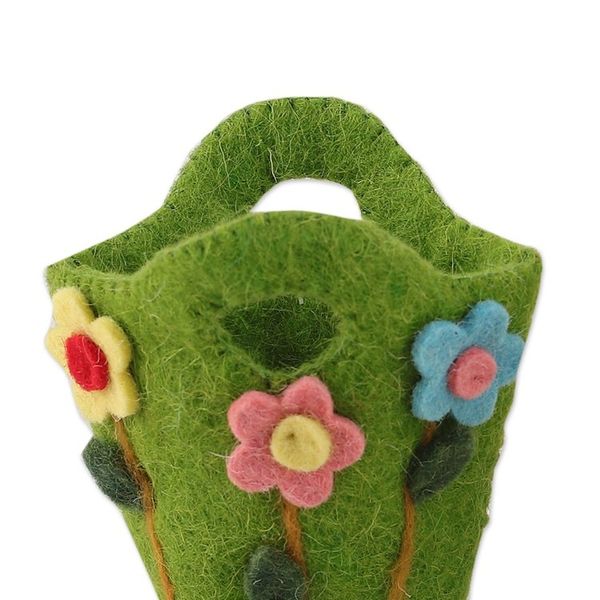 Alternate image for Handcrafted Floral Green Wool Felt Baskets from India Pair Blooming Treasures