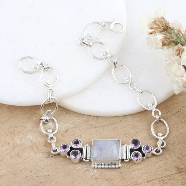 Alternate image for Rainbow Moonstone and Amethyst Pendant Bracelet Lilac Style
