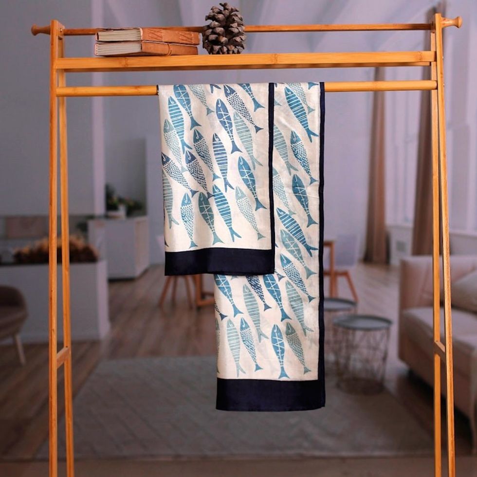 Hand-Painted Bordered Silk Scarf with Fish Motif from India 'School of Fish'
