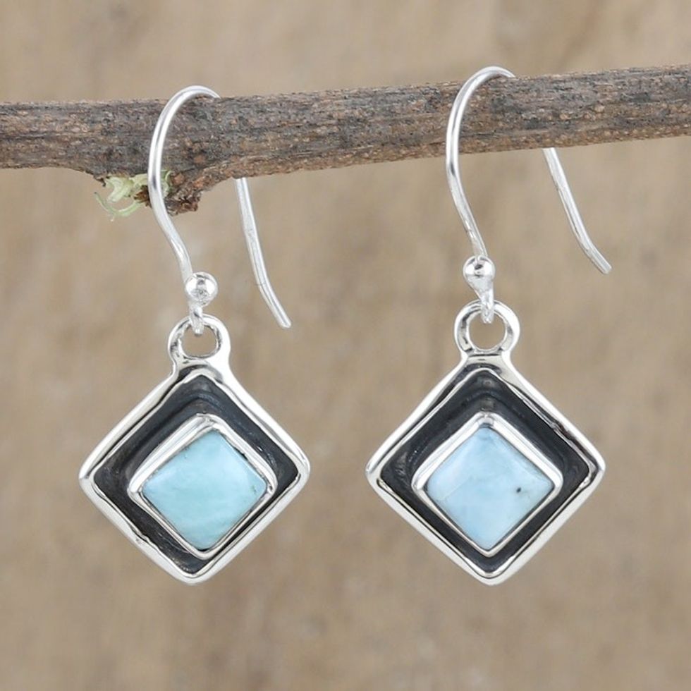 Diamond-Shaped Sterling Silver Larimar Dangle Earrings 'Peaceful Blue'