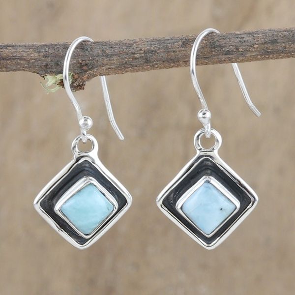 Alternate image for Diamond-Shaped Sterling Silver Larimar Dangle Earrings Peaceful Blue