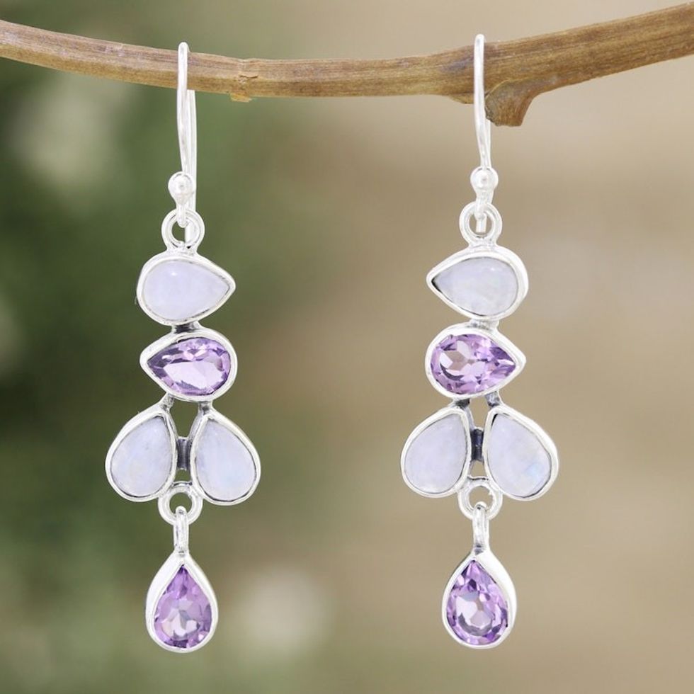 Polished Dangle Earrings with Rainbow Moonstone and Amethyst 'Tender Pears'