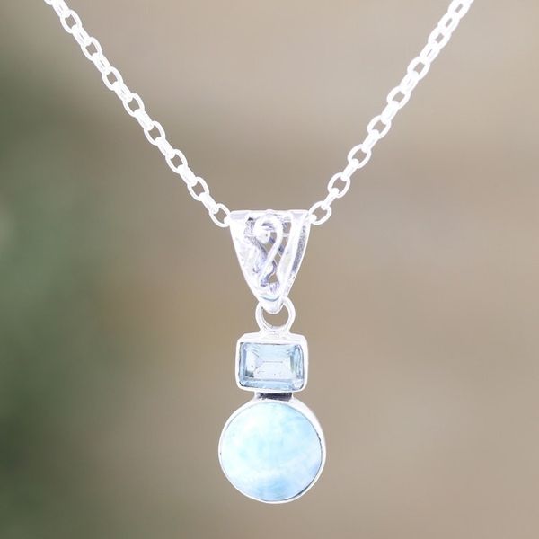 Alternate image for Blue Topaz and Larimar Pendant Necklace Crafted India Serene Alliance