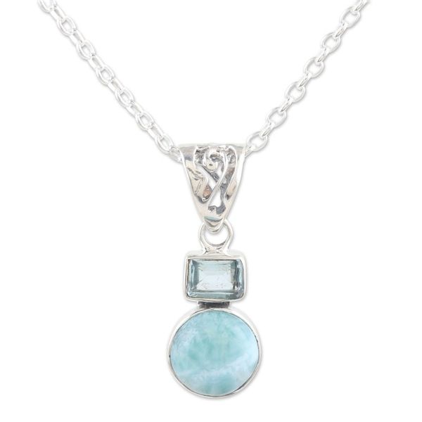 Alternate image for Blue Topaz and Larimar Pendant Necklace Crafted India Serene Alliance
