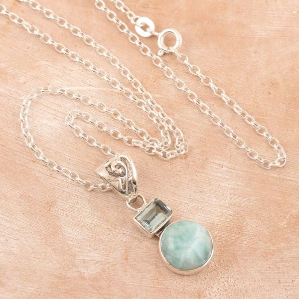 Alternate image for Blue Topaz and Larimar Pendant Necklace Crafted India Serene Alliance