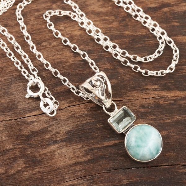 Alternate image for Blue Topaz and Larimar Pendant Necklace Crafted India Serene Alliance