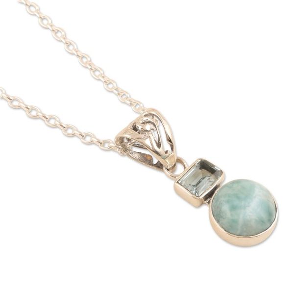 Alternate image for Blue Topaz and Larimar Pendant Necklace Crafted India Serene Alliance