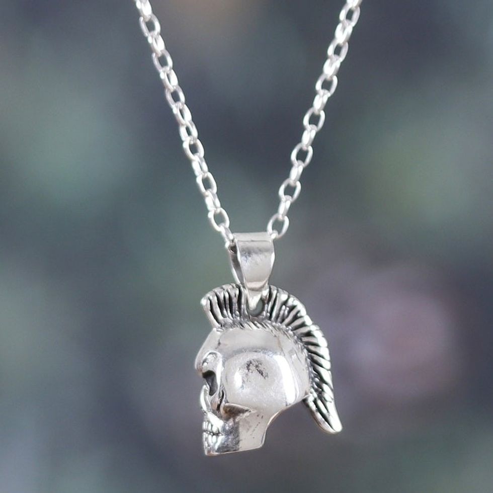 Men's Sterling Silver Mohawk Skull-Themed Pendant Necklace 'Mohawk Skull'