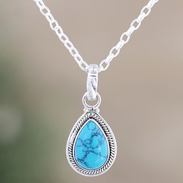 Alternate image for Sterling Silver Pendant Necklace with Recon Turquoise Gem Cool Halo Effect