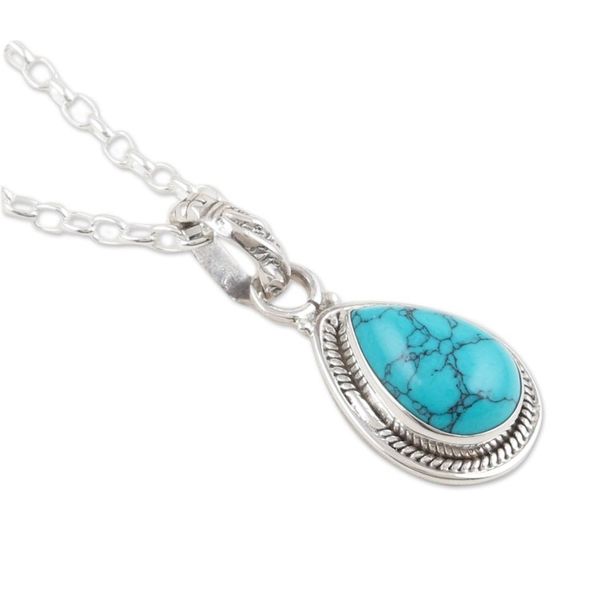 Alternate image for Sterling Silver Pendant Necklace with Recon Turquoise Gem Cool Halo Effect