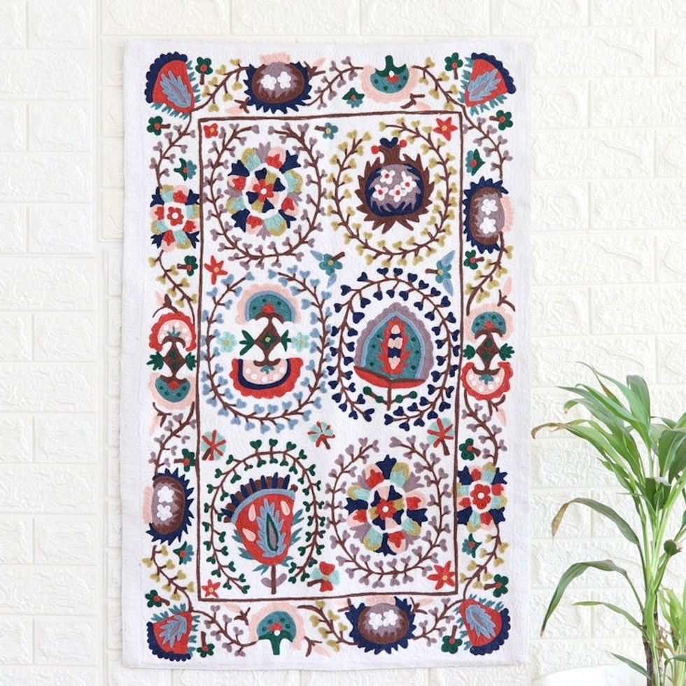 Cotton Wall Hanging with Colorful Embroidered Details 'Tender Spring'
