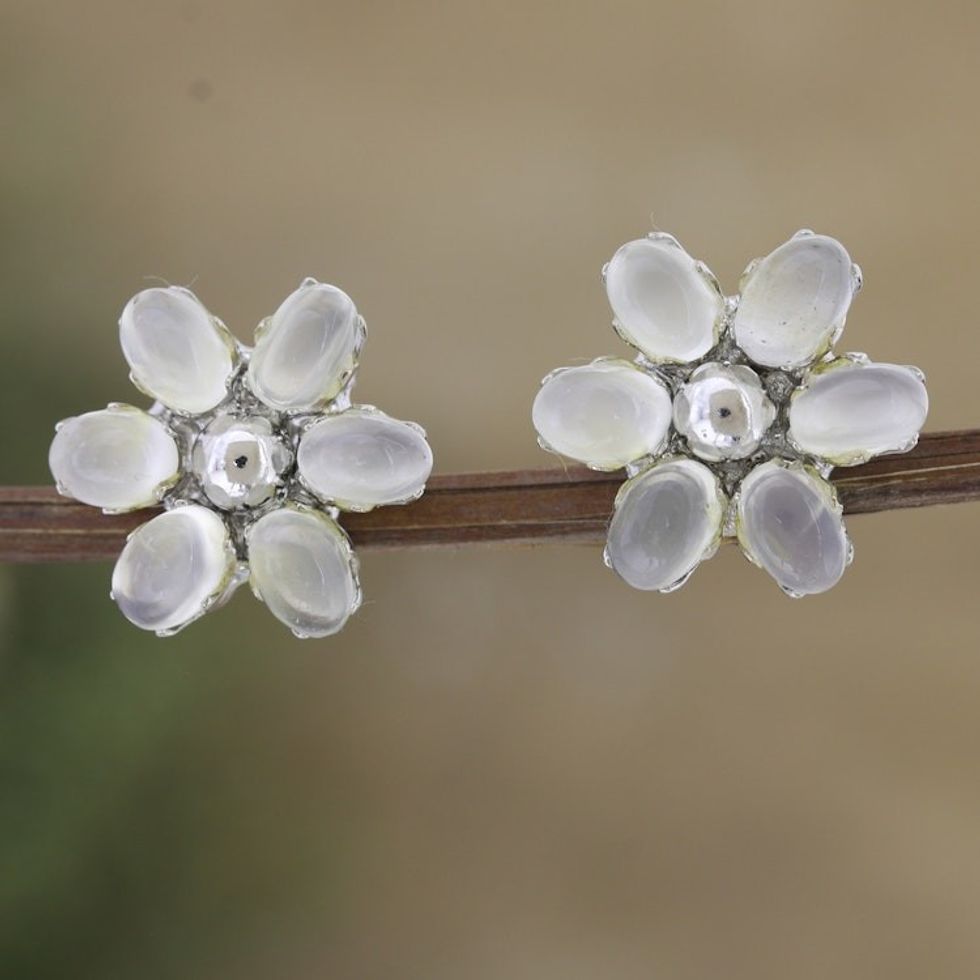 Floral Rhodium-Plated Button Earrings with Moonstones 'Intuition Petals'