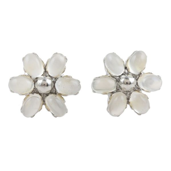 Alternate image for Floral Rhodium-Plated Button Earrings with Moonstones Intuition Petals