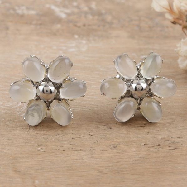 Alternate image for Floral Rhodium-Plated Button Earrings with Moonstones Intuition Petals